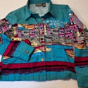 Jane Ashley Coastal Harbor Art Print Cotton Jacket Boho Resort M